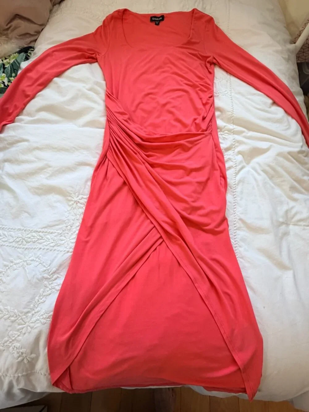 bebe Coral Pink Ruched Long Sleeve Bodycon Midi Dress Size M